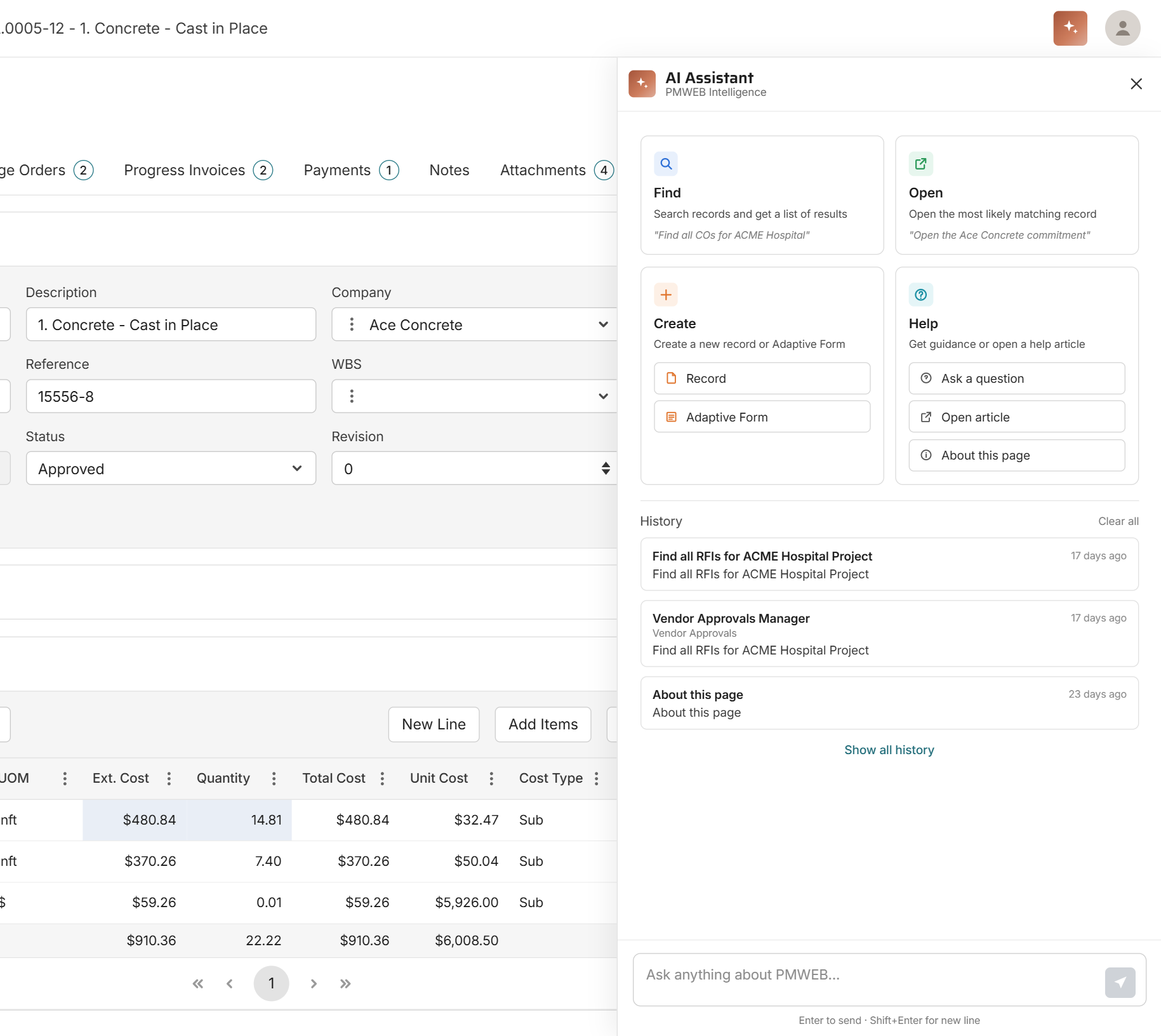 PMWEB 2026 AI Assistant panel showing Find, Open, Create, and Help