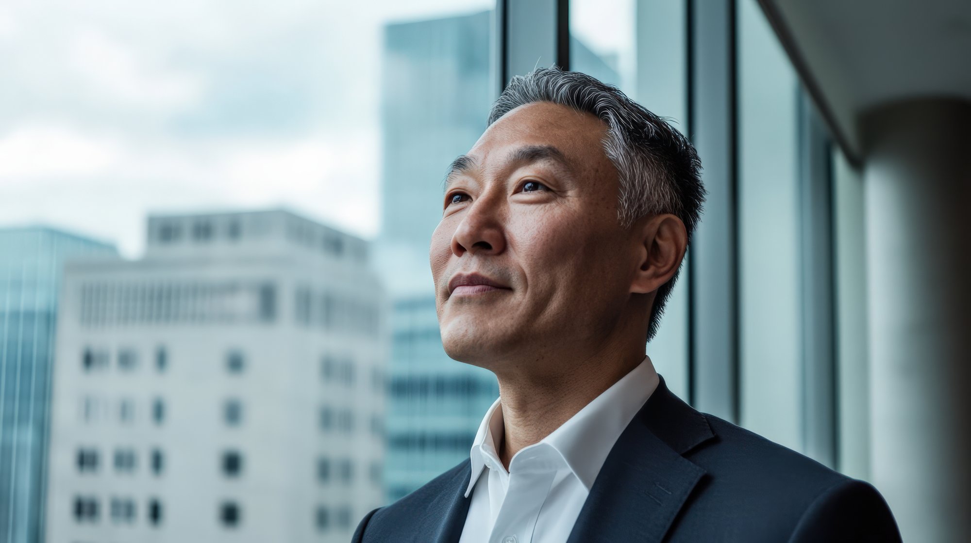 middle-aged Asian male businessman, captured in a medium shot from a diagonal rear angle, standing in a high-rise modern office, clouds and sky reflected in the massive glass window behind him, only the side of his face visible as he gazes outward with a subtle, confident smile, wearing a plain, matte tailored suit with no visible texture or pattern, minimalistic furniture and subtle greenery emphasizing the height and openness of the space, no hands or fingers visible, serene and ambitious atmosphere --ar 16:9 --personalize 4wtekgz --v 6.1 Job ID: 00fccd5f-8bfa-405e-a1b7-85313b52f599