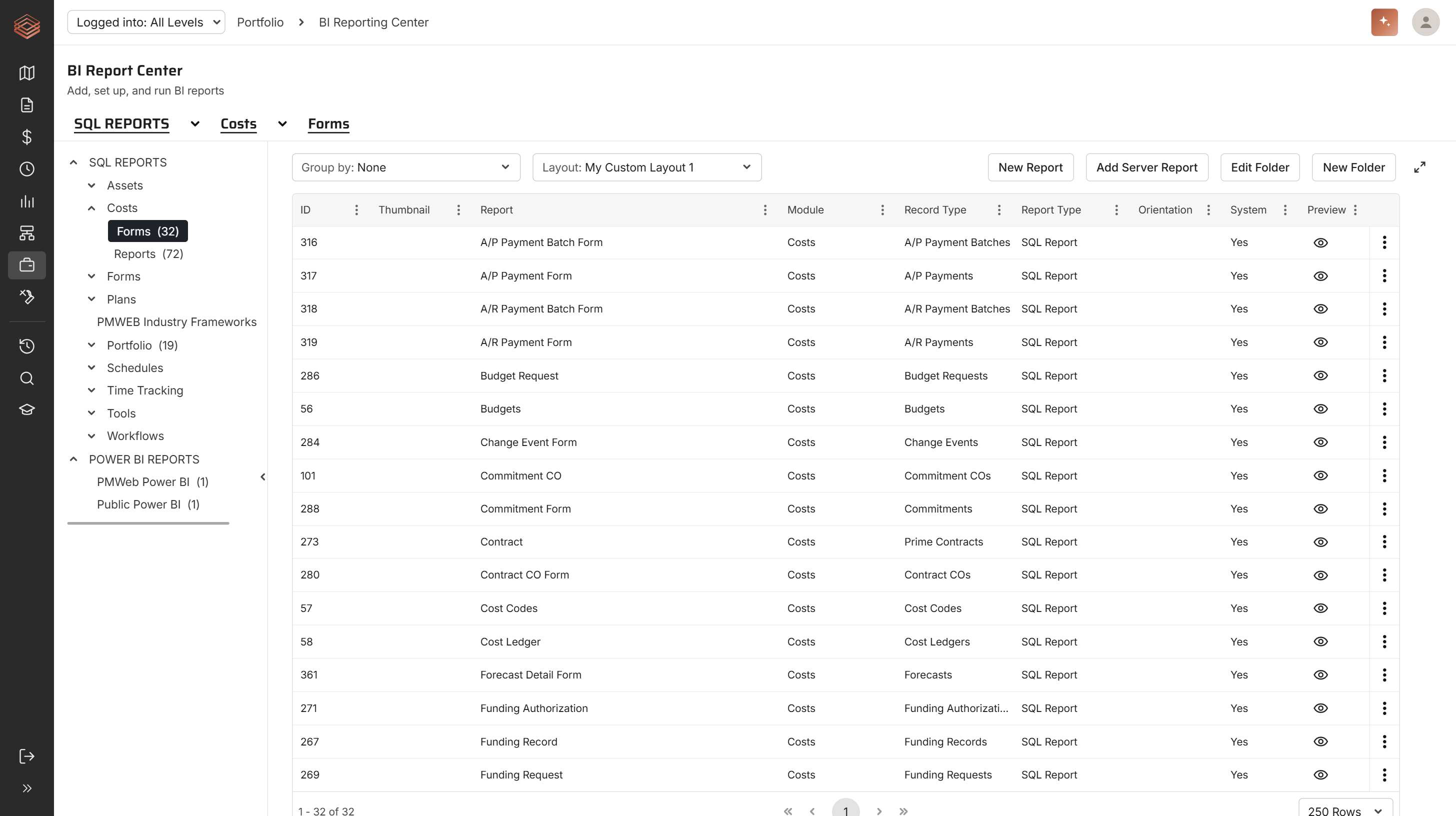 PMWEB BI Report Center with capital program reports for leadership