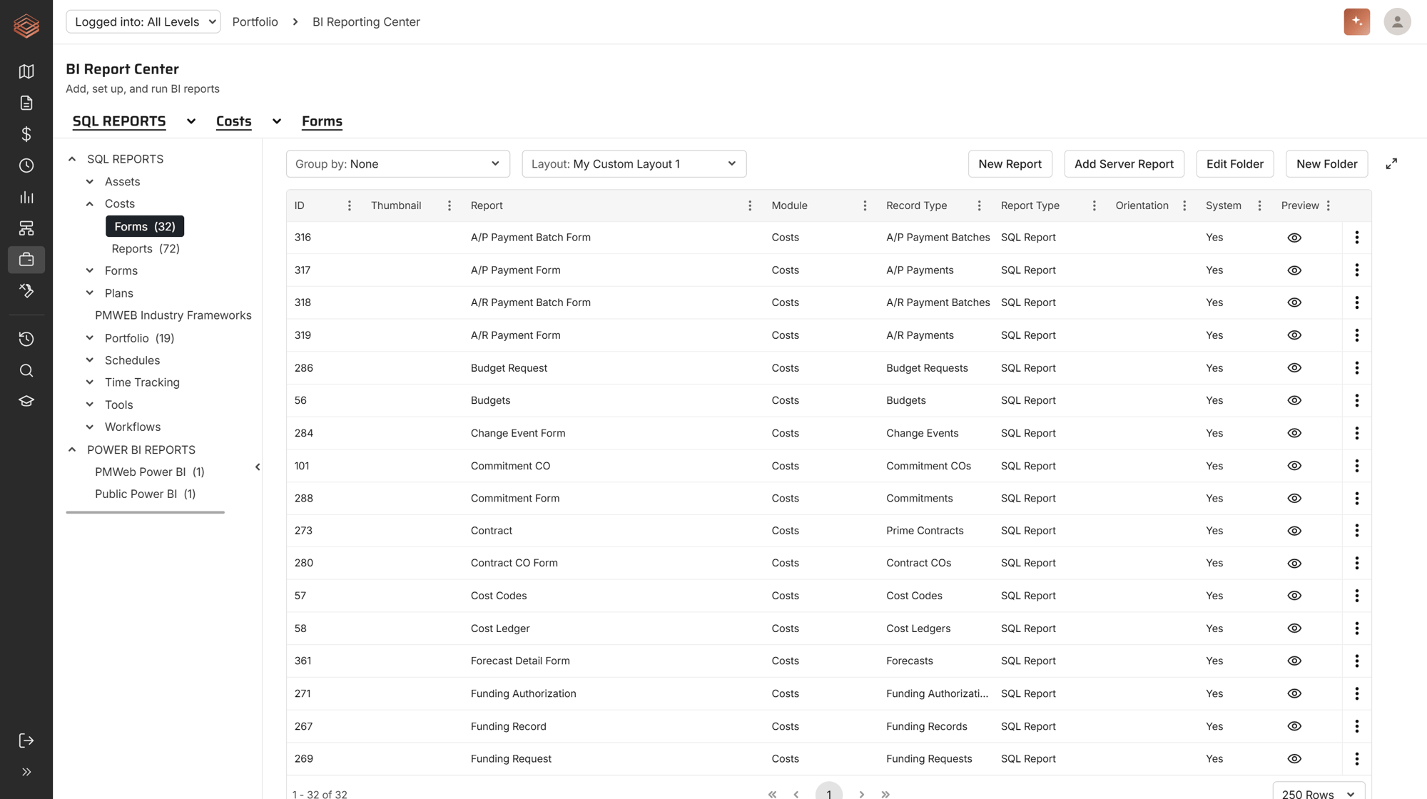 PMWEB 2026 BI Report Center with breadcrumbs and sortable report table