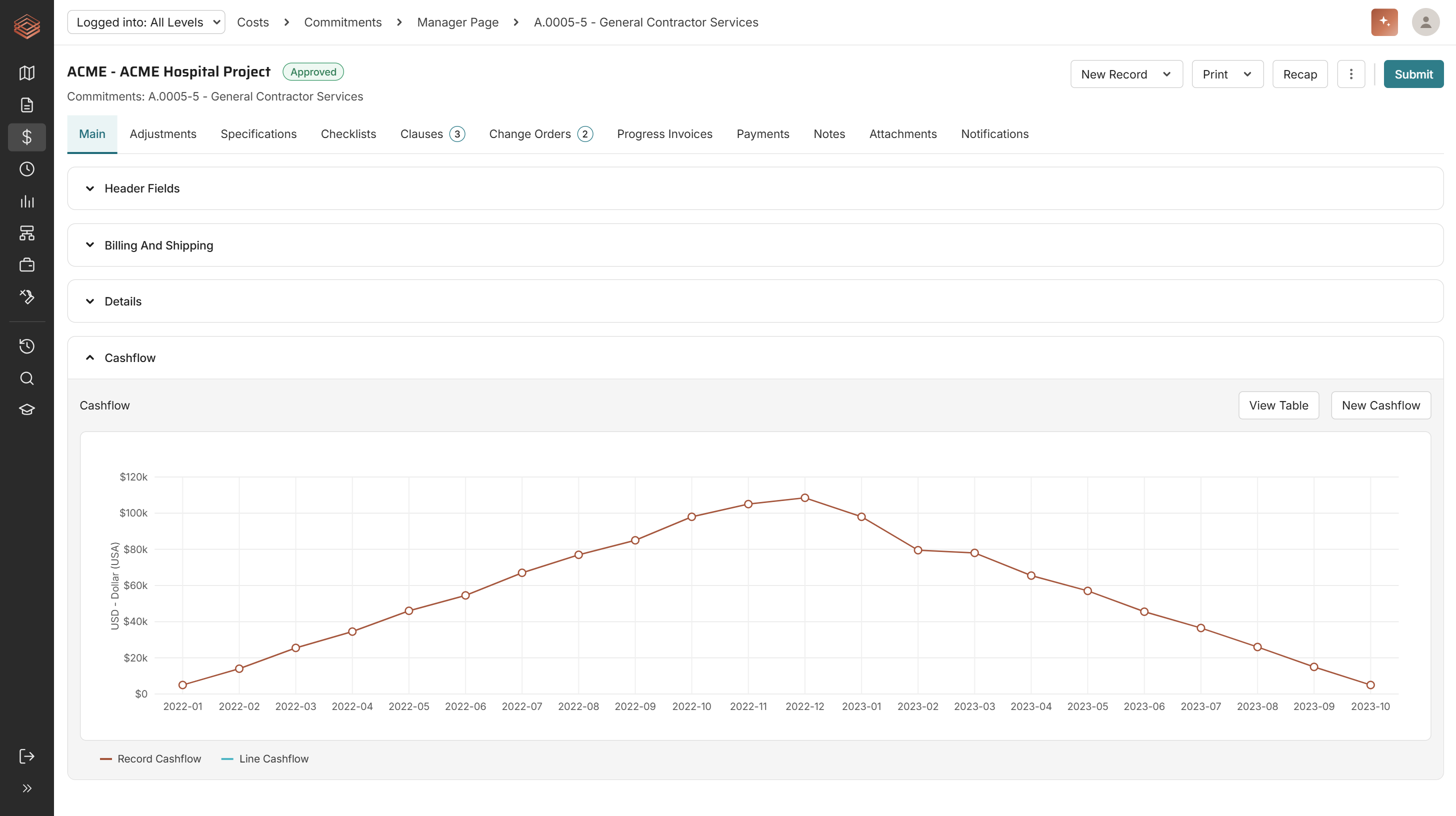 Commitment cash flow report in PMWEB capital project management software