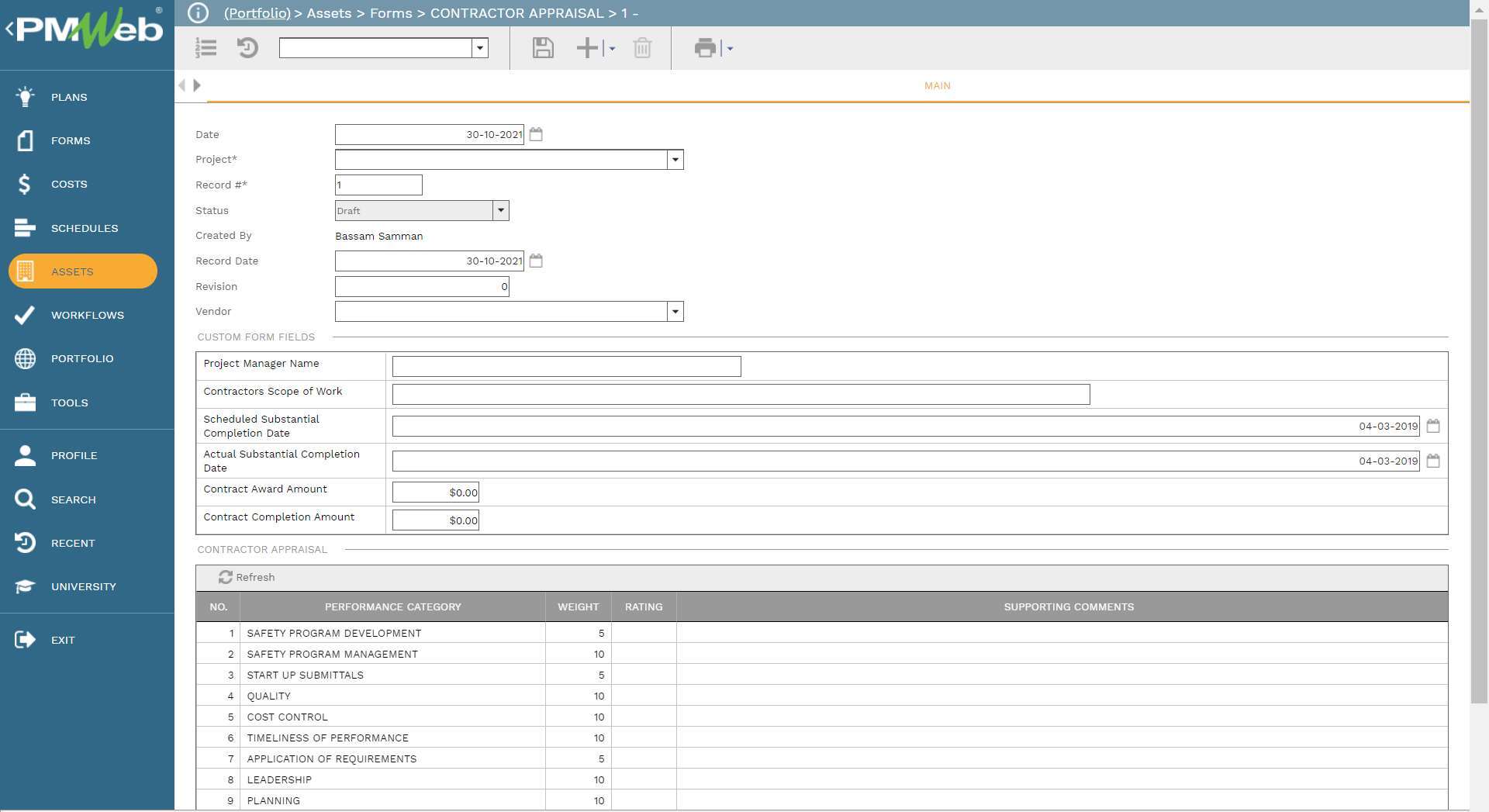 PMWeb 7 Asset Forms Contractor Appraisal
Main