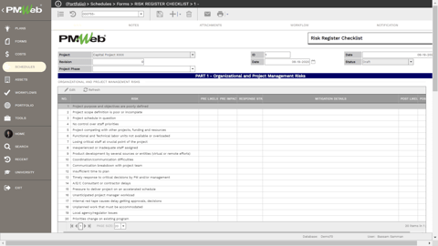 Screenshot einer Checkliste f�r das Projektrisikoregister in PMWeb, in der verschiedene organisatorische und projektverwaltungsbezogene Risiken aufgef�hrt sind.