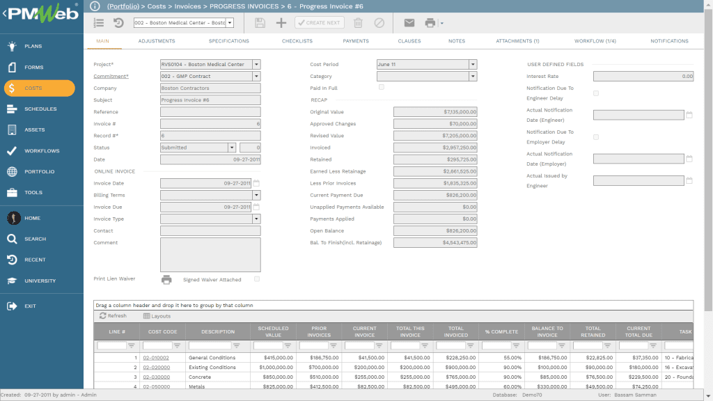 PMWeb 7 Costs Invoices Progress Invoice