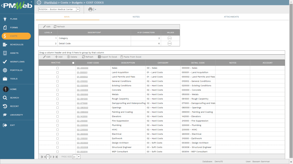 PMWeb 7 Costs Budgets Cost Codes for setting up the Earned Value Management Report