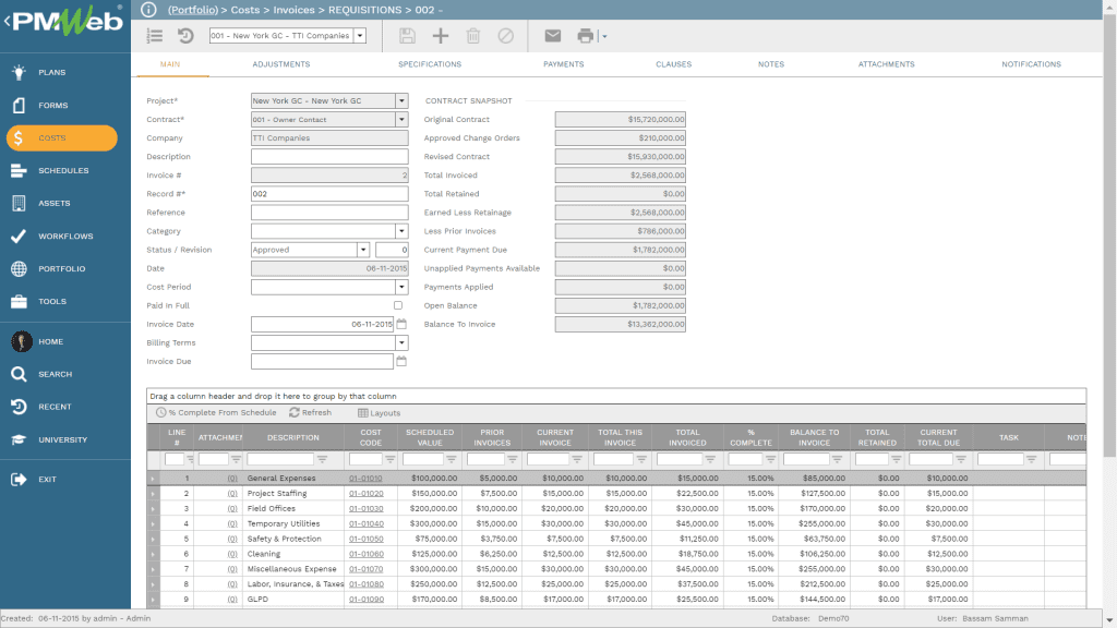 PMWeb 7 Costs Invoices Requisitions