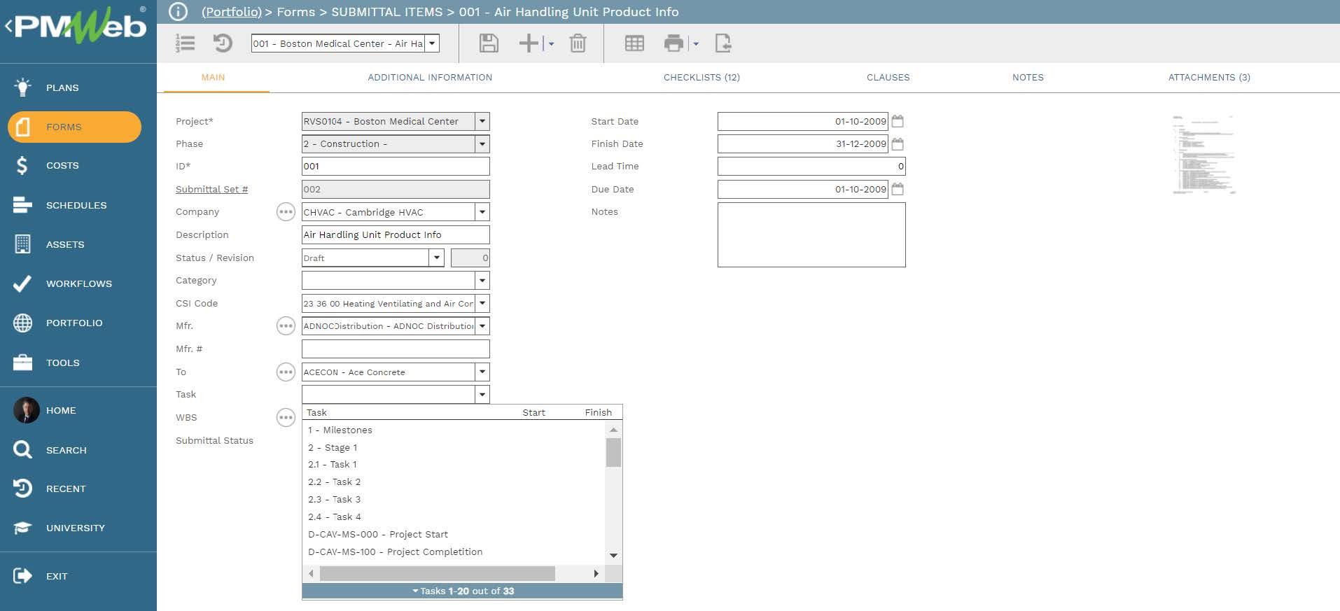 PMWeb 7 Forms Submittal Items Main