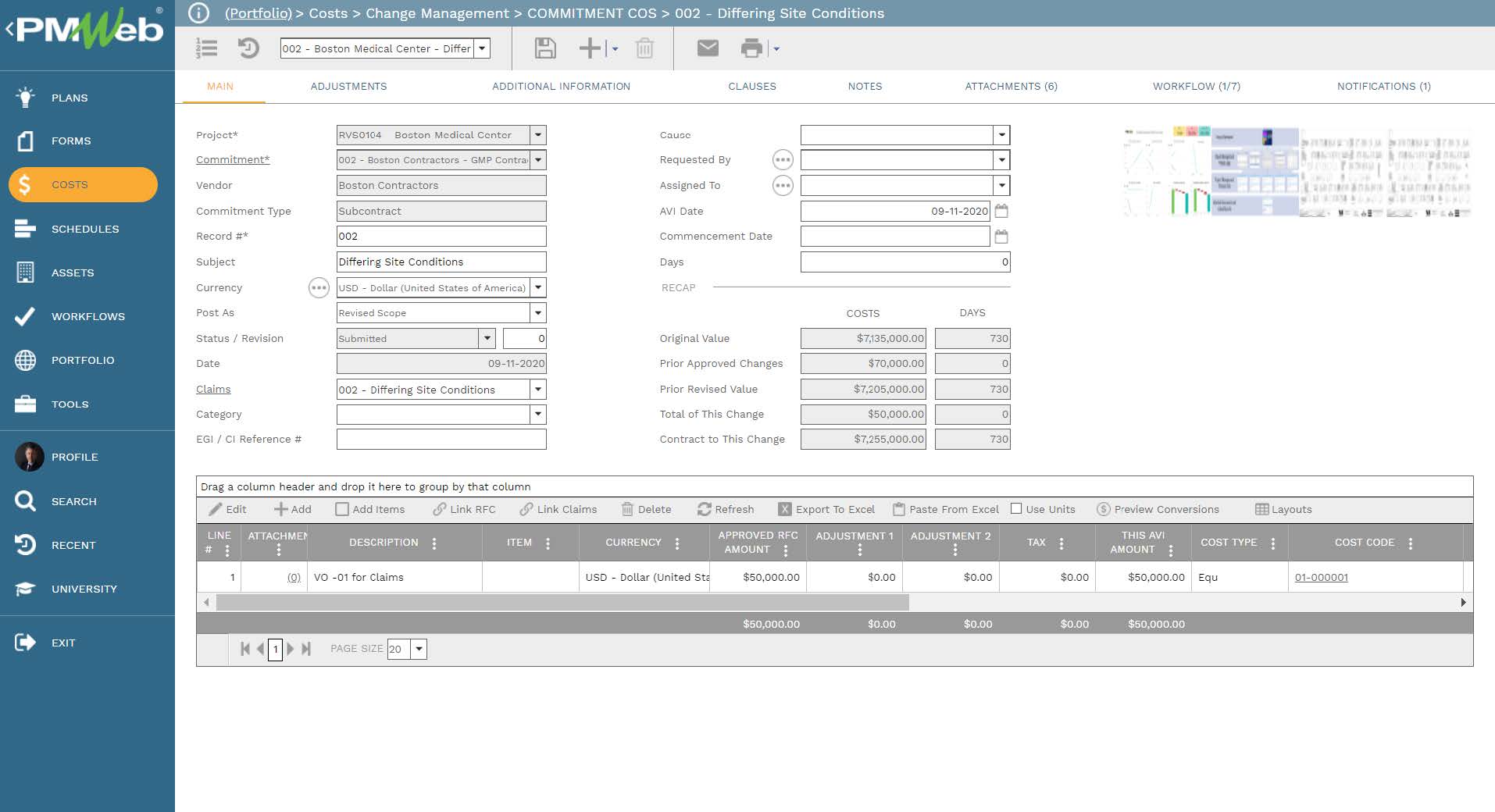 PMWeb 7 Costs Change Management Commitment COS Differing Site Conditions 
Main