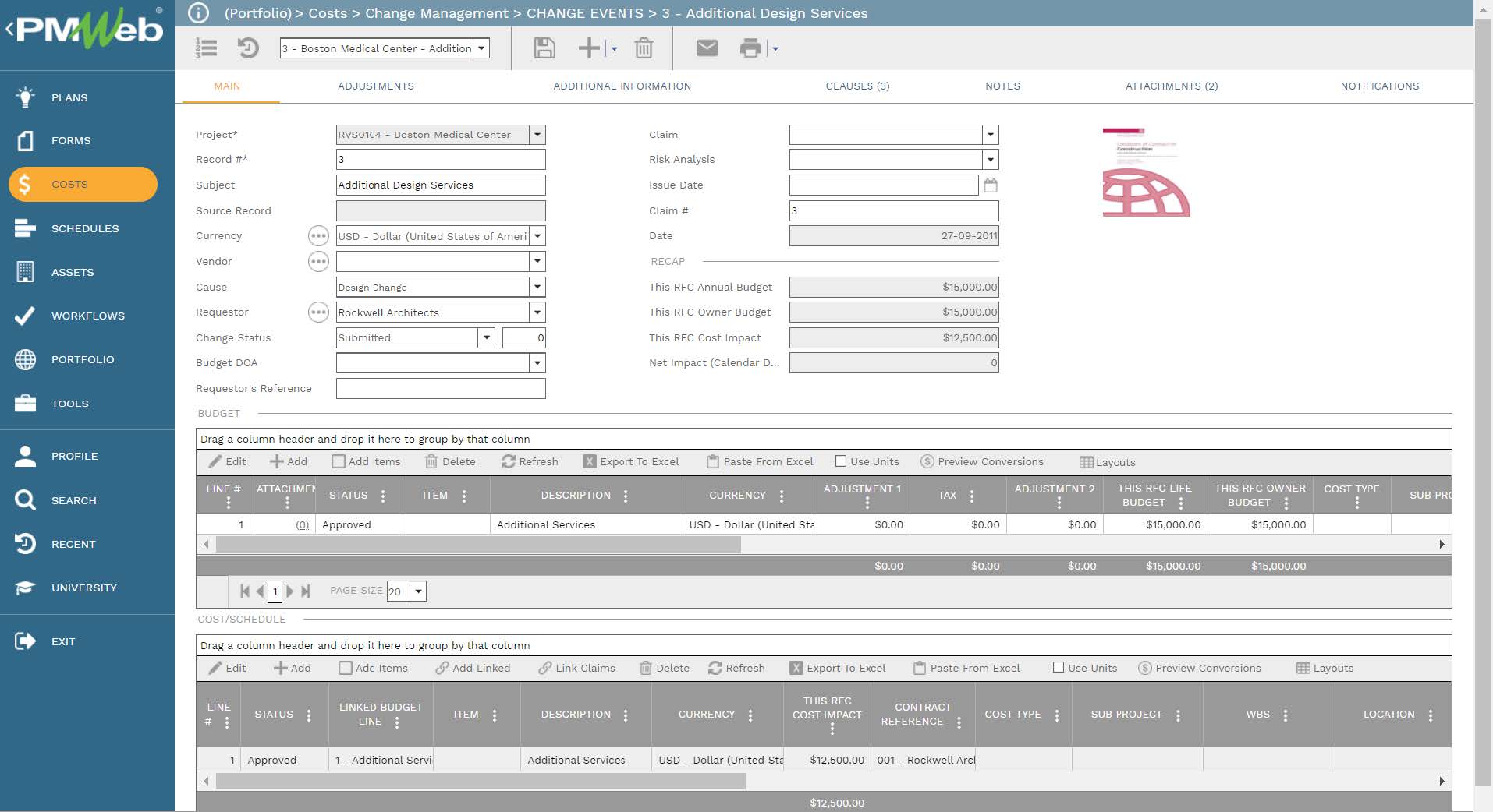PMWeb 7 Costs Change Management Change Events Additional Design Services for Three-Stage Change Management