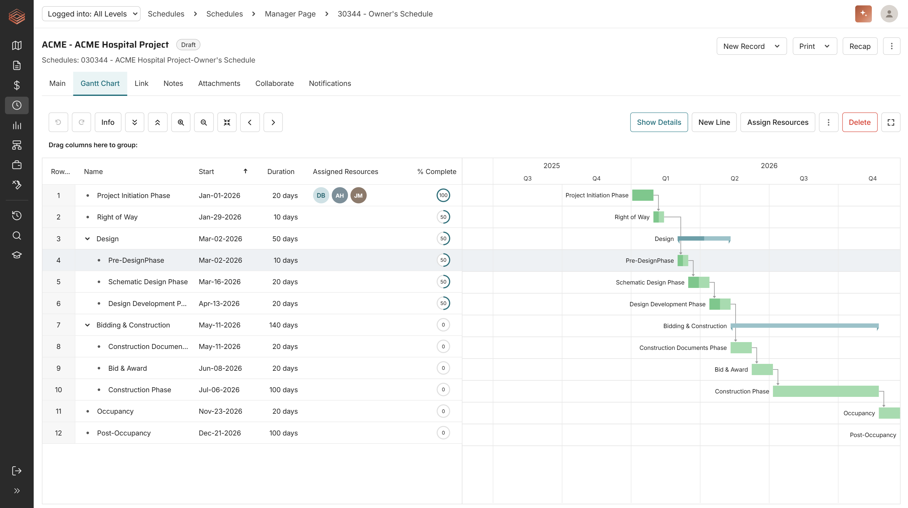 Project schedule Gantt chart in PMWEB capital project management software