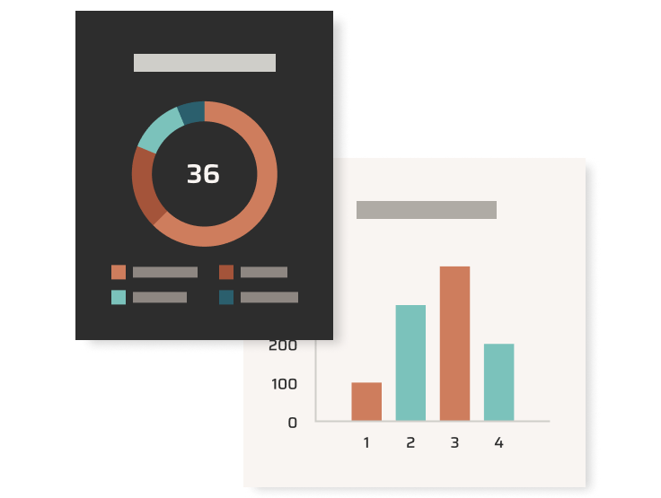 A donut chart showing the number 36 overlaps with a bar graph displaying four vertical bars of varying heights and colors.