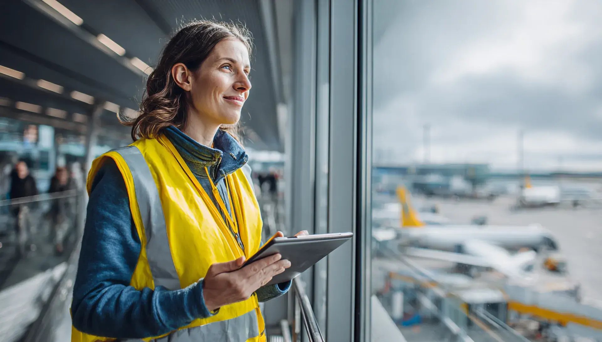 Airport operations staff member using a tablet while overseeing terminal activity—highlighting real-time visibility, process standardization, and project delivery without disrupting passenger flow.