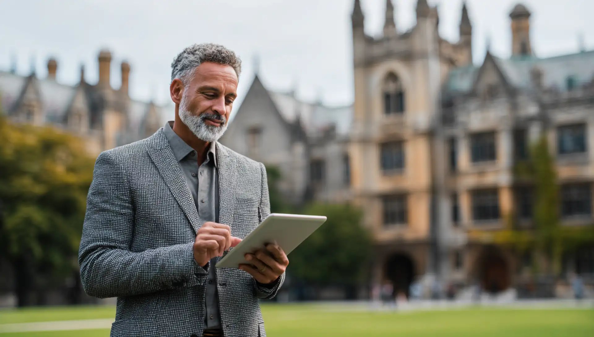 University professor standing on campus lawn using a tablet, with historic academic buildings in the background.