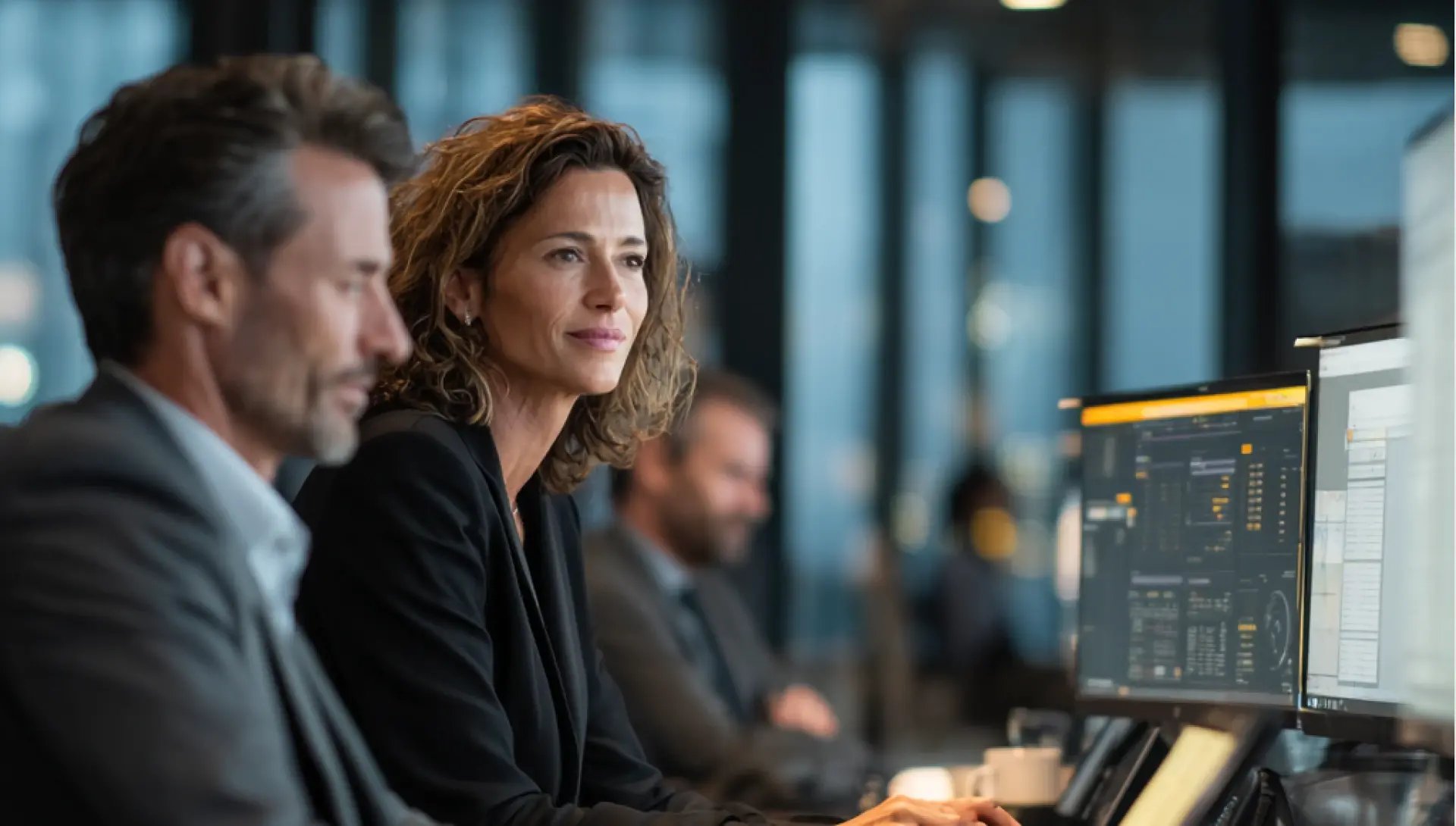 Business professionals collaborating in a modern financial office with digital dashboards and data analytics on screens, emphasizing technology and strategic planning.