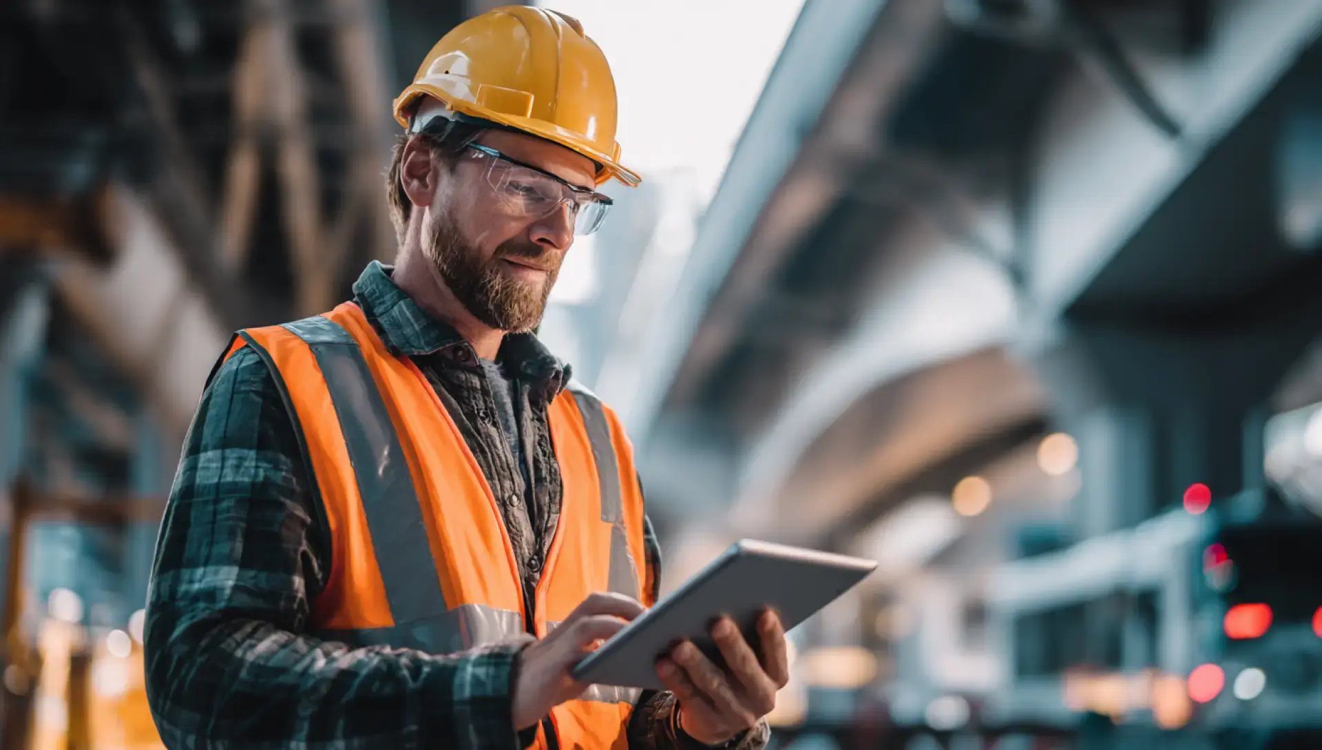 Infrastructure worker in reflective vest and hard hat using a tablet on site under urban overpass.
