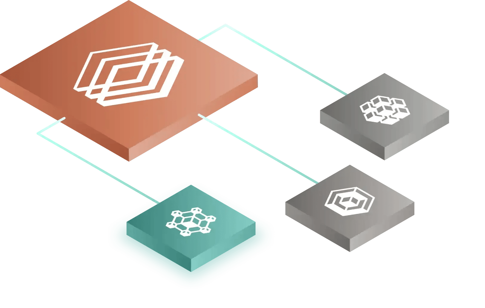 A graphic showing interconnected geometric shapes with logos, representing a network or system architecture.