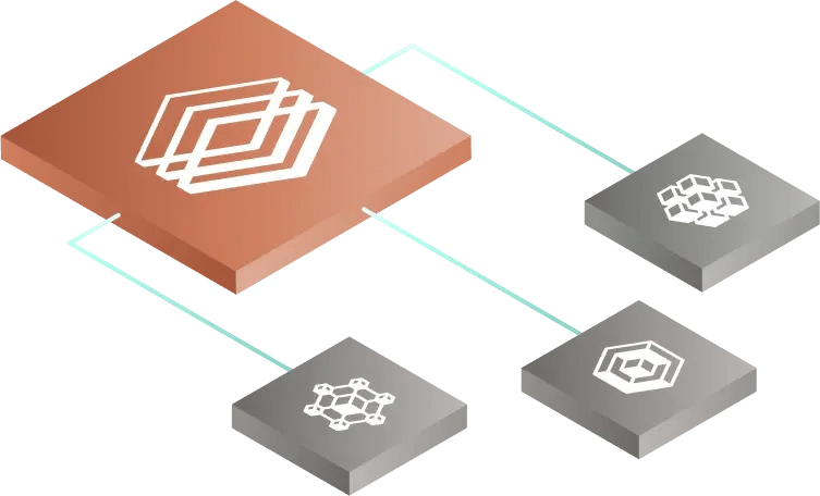 A diagram showing a large orange square icon connected to three smaller gray squares, each with unique white geometric designs.