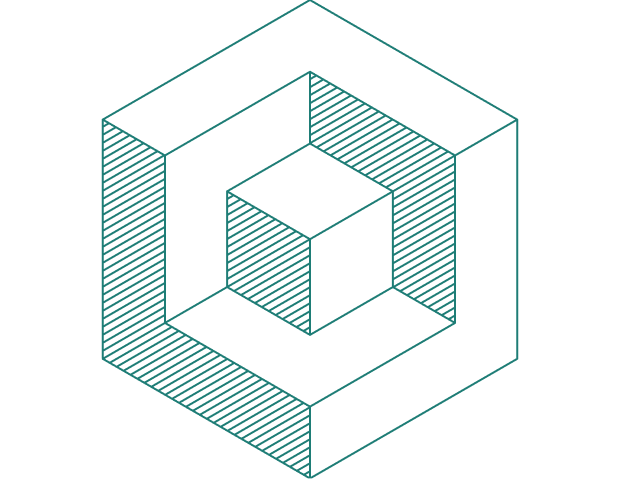 3D geometric design featuring interlocking cubes and hexagonal shapes with a striped pattern, outlined in teal against a black background.