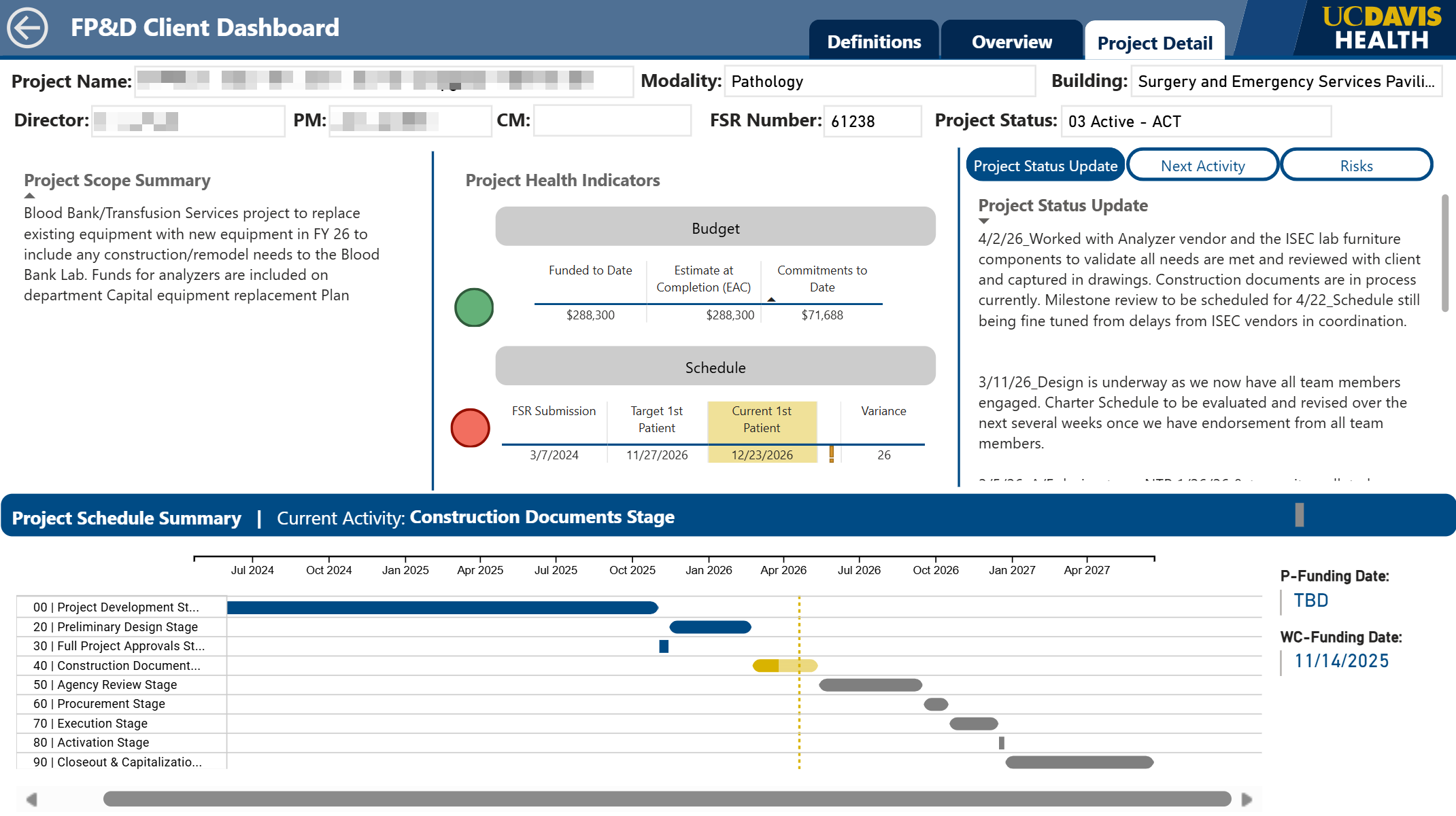 Power BI client dashboard fed by PMWEB at UC Davis Health