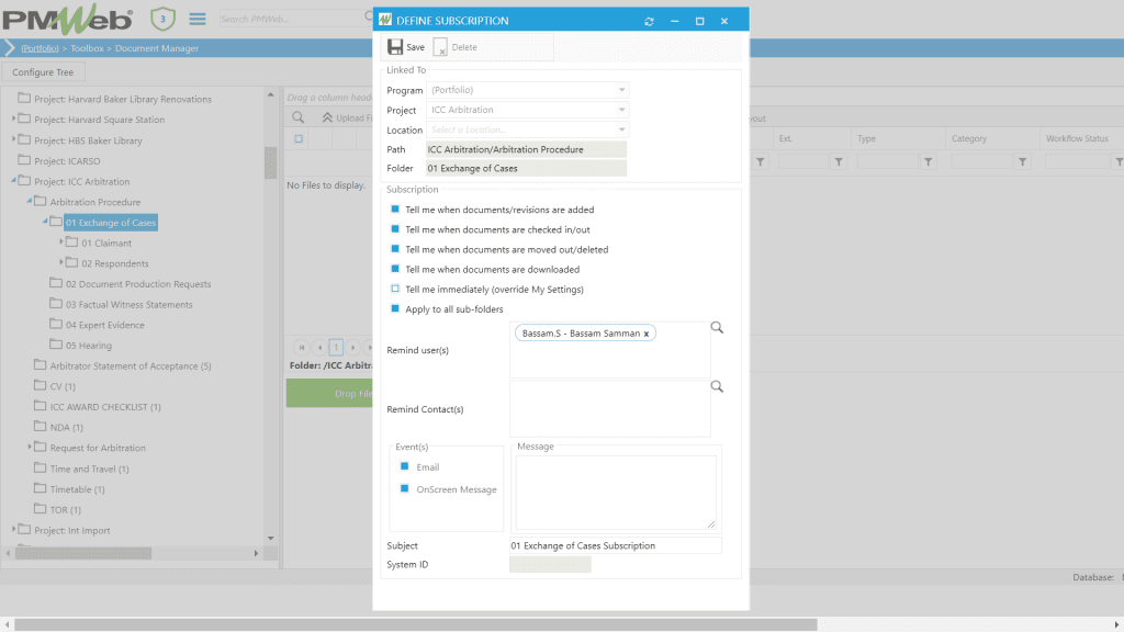 PMWeb 7 Toolbox Document Manager Define Subscription 