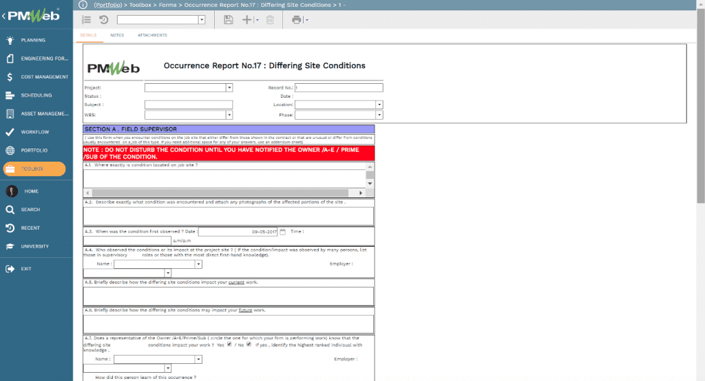 PMWeb 7 Toolbox Forms Occurrence Report No.17 Differing Site Conditions 