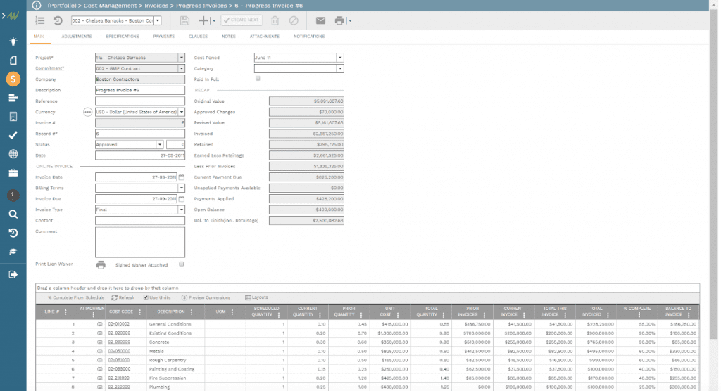 PMWeb 7 Cost Management Invoices Progress Invoices for reporting spending of new Infrastructure Bill funds