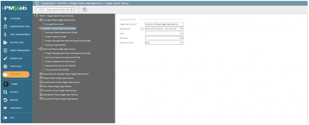 PMWeb 7 Toolbox Stage Gate Managment Stage Gate Setup 