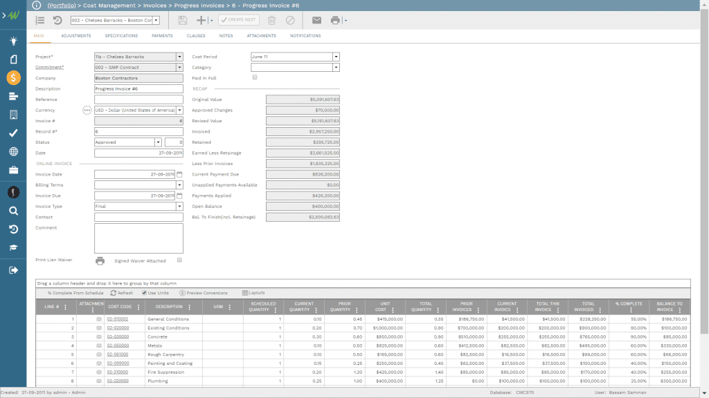 PMWeb 7 Cost Management Invoices Progress Invoices for the Cost Value Reconciliation