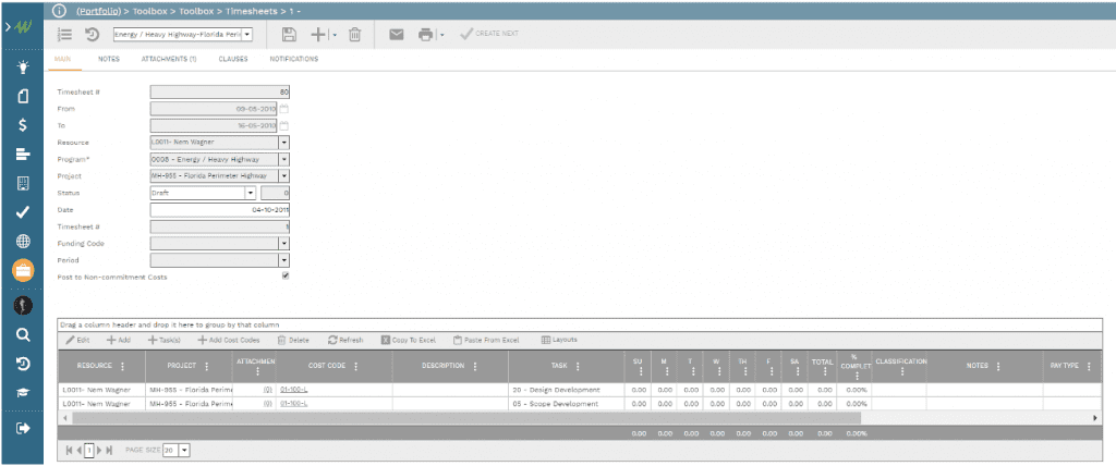 PMWeb 7 Toolbox Timesheets for the Cost Value Reconciliation