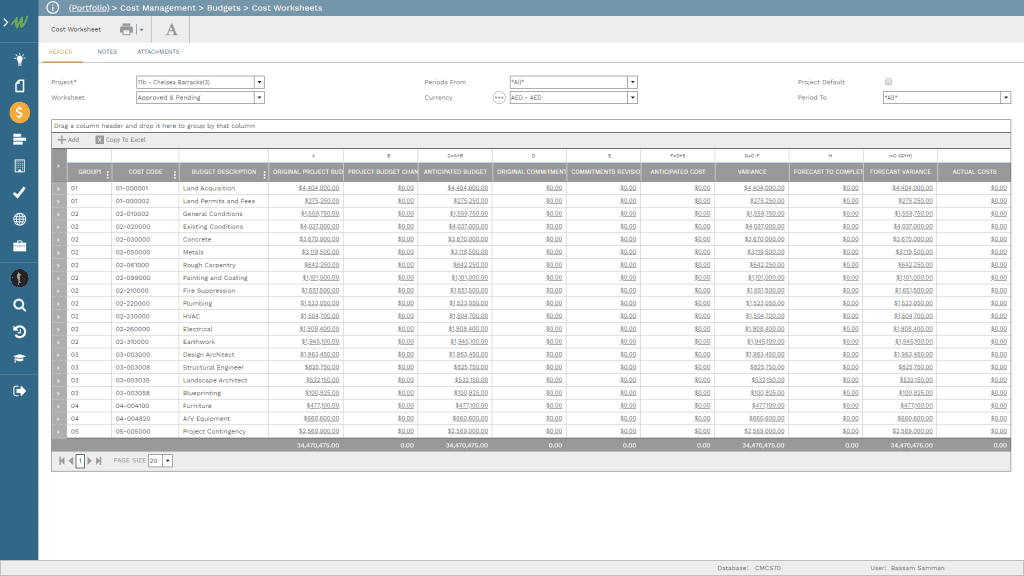 PMWeb 7 Cost Management Budgets Cost Worksheets for the Cost Value Reconciliation