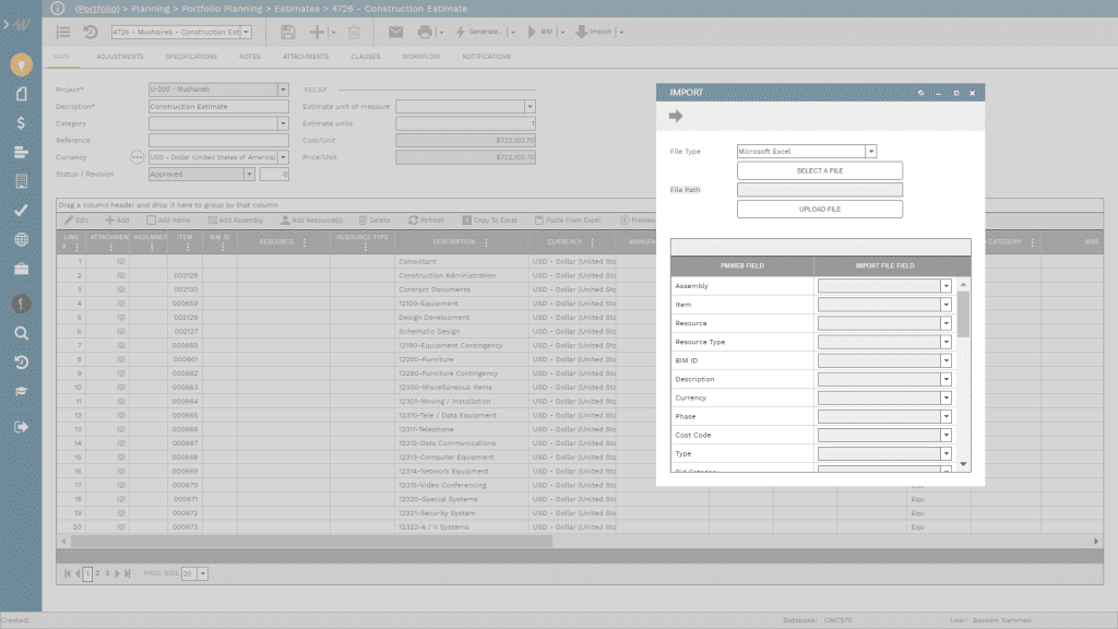 PMWeb 7 Planning Portfolio Planning Estimates Import 