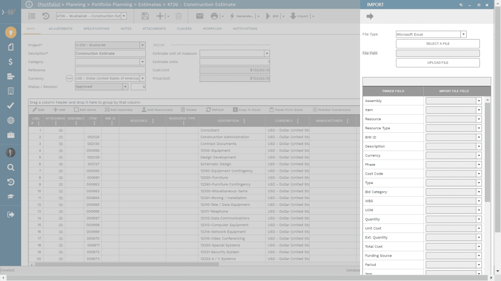 PMWeb 7 Planning Portfolio Planning Estimates Construction Estimate Import for the Cost Estimate Checklist