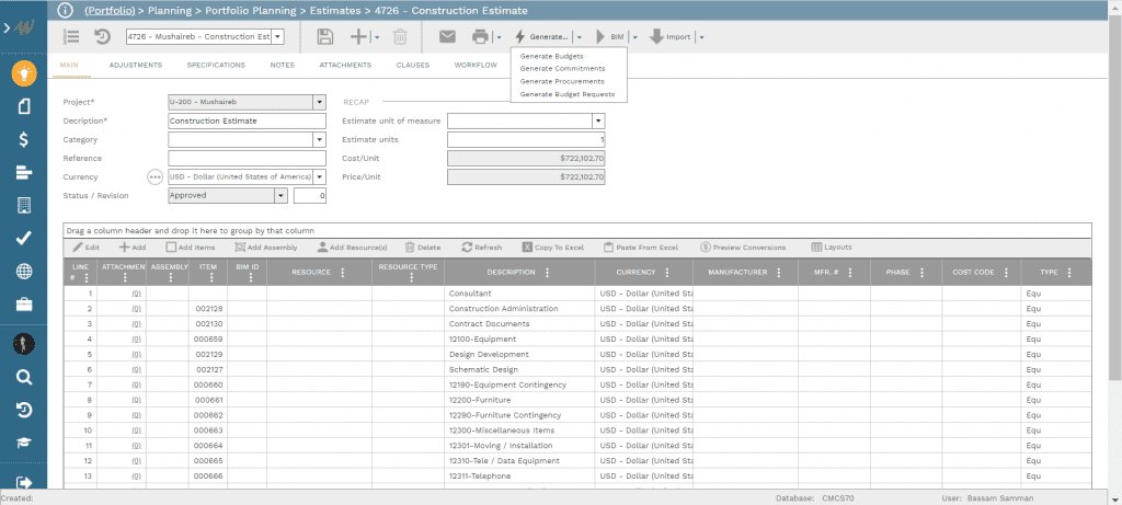 PMWeb 7 Planning Portfolio Planning Estimates Construction Estimate 