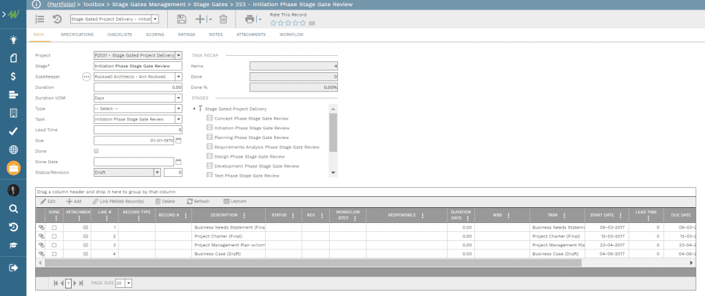 PMWeb 7 Toolbox Stage Gates Management Stage Gates Initiation Phase Stage Gate Review for PMO