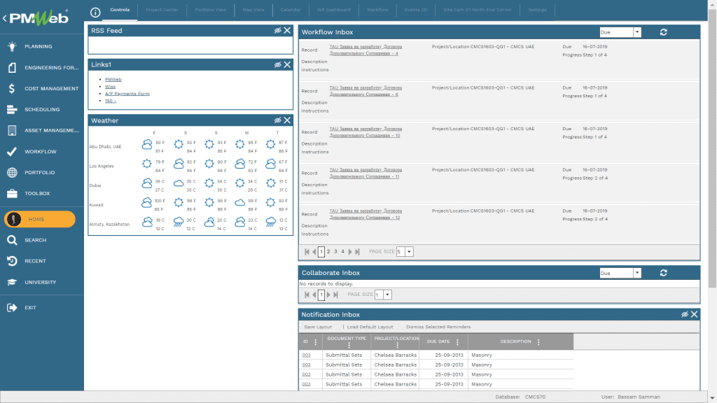 PMWeb 7 Home Controls Workflow Inbox for PMO