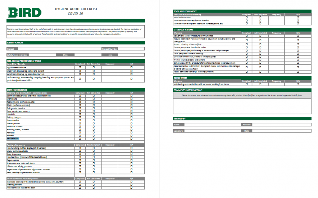 HYGIENE AUDIT CHECKLIST COVID-19 form