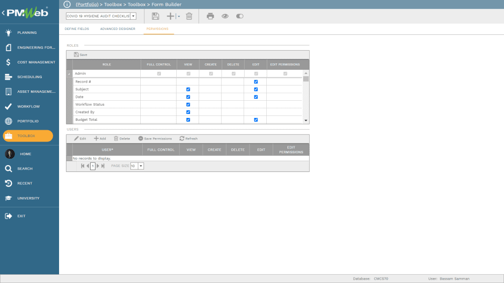 PMWeb 7 Custom HYGIENE AUDIT CHECKLIST COVID-19 form