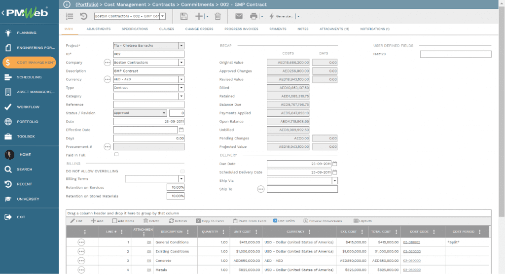 PMWeb 7 Cost management Contracts Commitments 