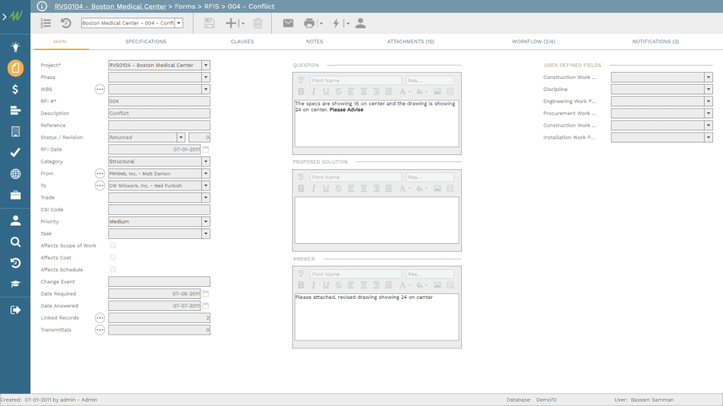 PMWeb 7 Forms RFIs Conflict to Enforce Formal Request for Information (RFI) Process