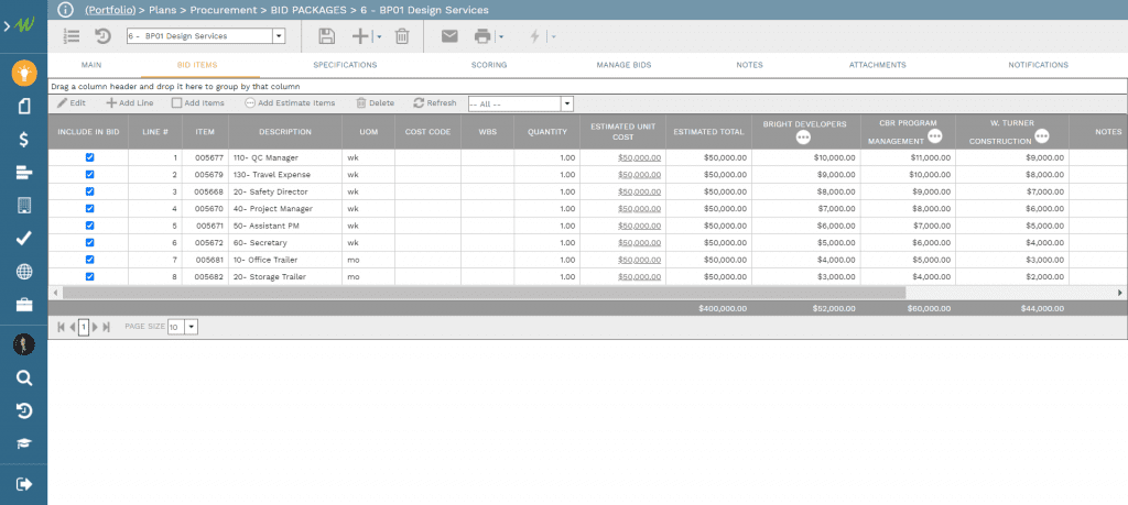 Bid comparisons on construction projects