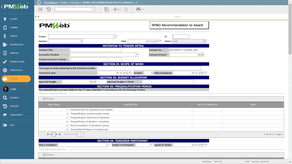 PMWeb 7 Tools Forms NPMO Recommendation to Award - Tender Phase