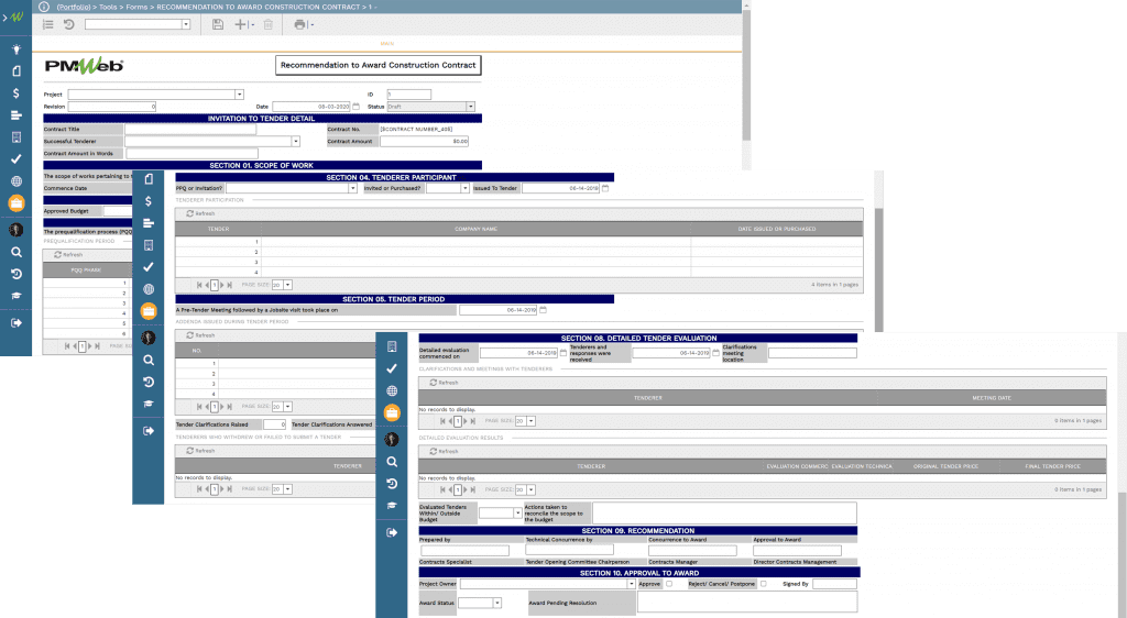 PMWeb 7 Tools Forms Recommendation to Award a Construction Contract 