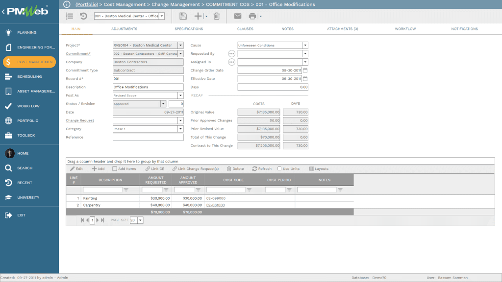 PMWeb 7 Cost Management Change Management Commitments COs  