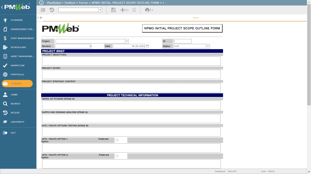 PMWeb 7 Toolbox Forms NPMO Initial Project Scope Outline Form for Recapitalization Programs