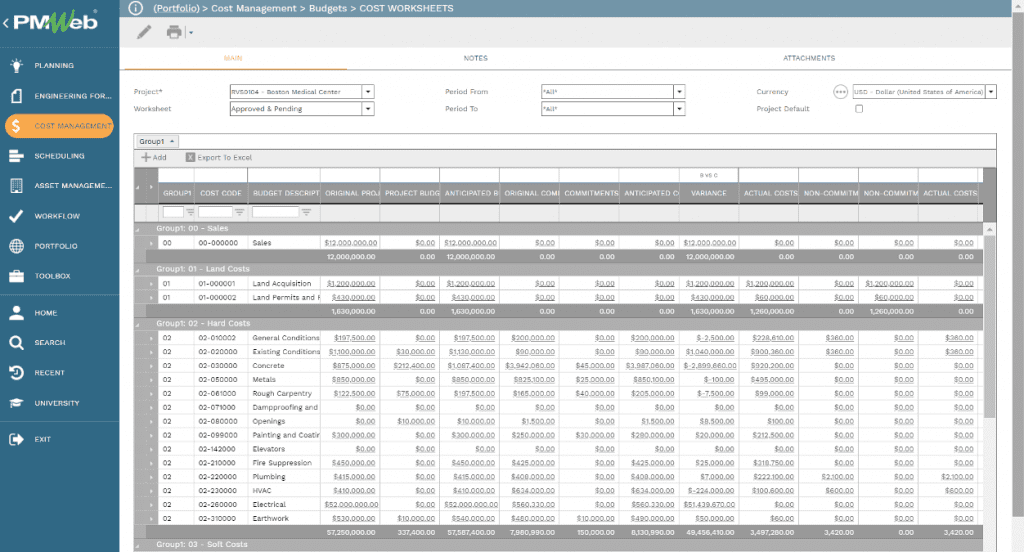 PMWeb 7 Cost Management Budgets Cost Worksheets 