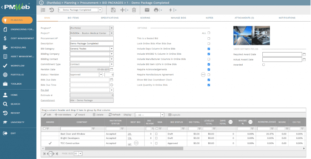 PMWeb7 Planning Procurement BID Packages 