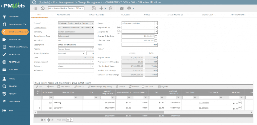 PMWeb 7 Cost Managment Change Managment Commitment COS