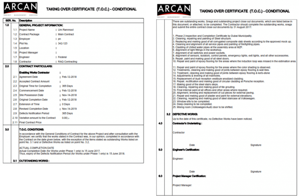 PMWeb 7 Taking Over Certificate (T.O.C.) - Conditional 