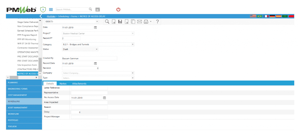 PMWeb 7 Scheduling Forms Notice of Access Delay  Details