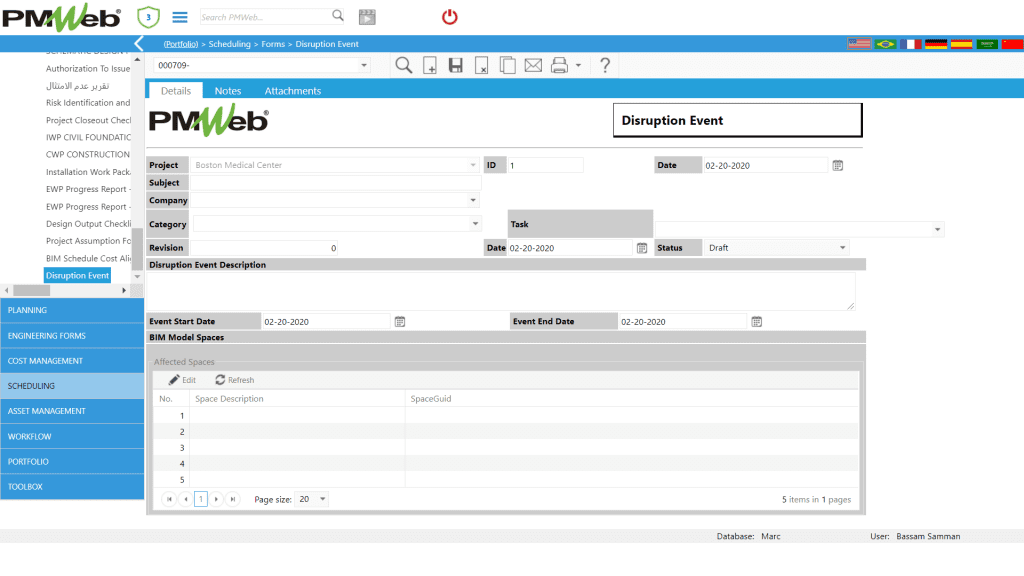 PMWeb 7 Scheduling Forms Disruption Event Details 